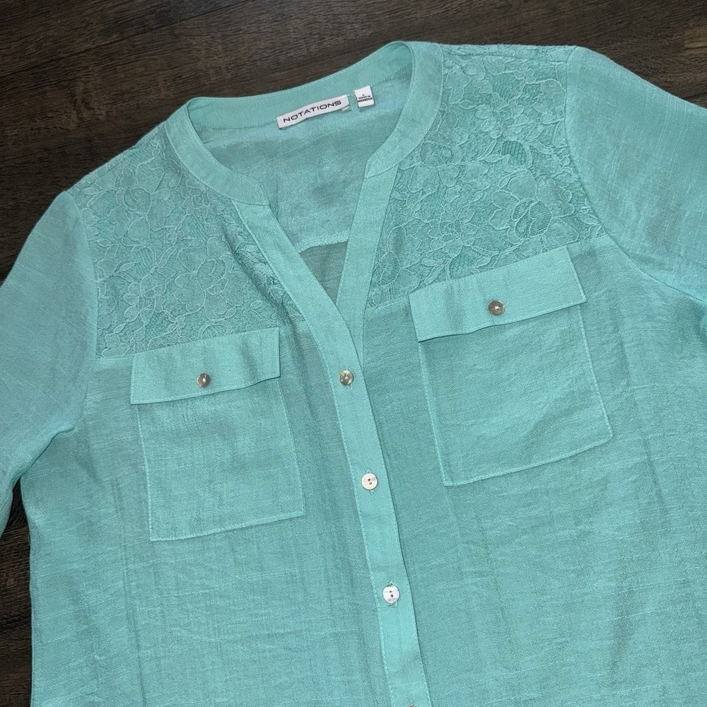 Notations Women's Large‎ Lace Top Sea Green Button Up Cotton Shirt Boho Preppy